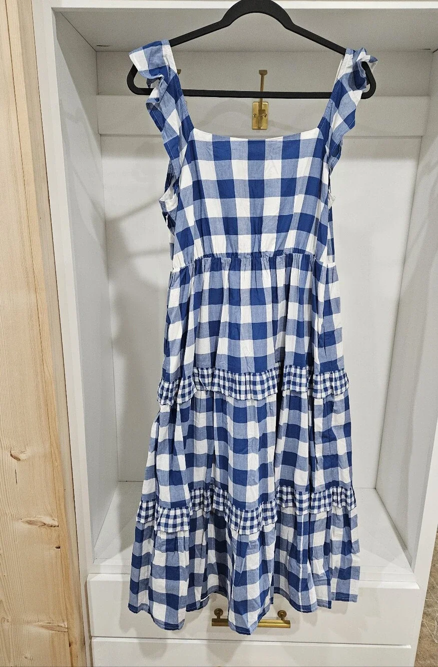 J. Crew Blue and White Gingham Tiered Sundress